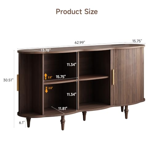 63" Fluted Sideboard Buffet Cabinet with Storage (Walnut), view 3