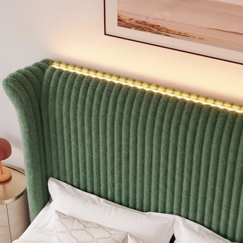 Queen Faux-Fur Upholstered Bed Frame with 54" Channeled Wingback Headboard, view 7