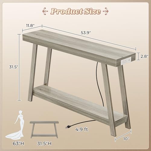 Console Table with Charging Station, USB-C Port, 2 Tiers Entryway Table, 53.9 Inch Sofa Table with Metal Legs, Entry Hallway Table with Thicker Desktop, Modern Behind Couch Table, Grey