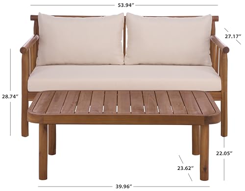 SAFAVIEH Outdoor Patio Furniture Collection - Cardori Teak & Cream Solid Wood Bench with Cushions and Coffee Table Set, 2-Piece Patio Seating Ensemble (PAT6808A)