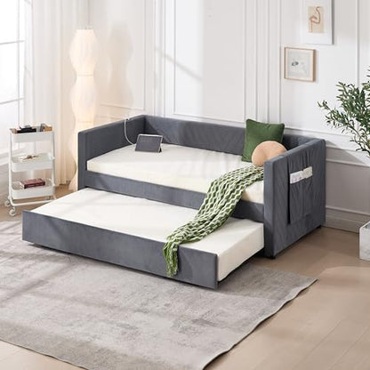 Twin Size Upholstered Daybed with Trundle,USB Port,Side Pockets, V Grained backrest Design,No Box Spring Needed, for Bedroom, Guest Room (Grey, Twin)