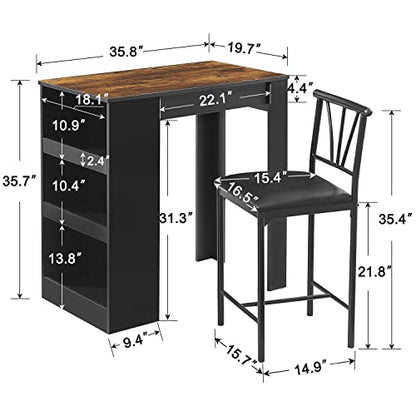 Small Bar Table and Chairs Tall Kitchen Breakfast Nook with Stools/Dining Set for 2, Storage Shelves, Space-Saving, Retro