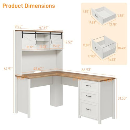 Farmhouse 68" H L-Shaped Desk with Hutch,Unique White, view 3