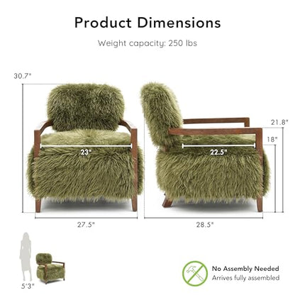 Ramos Modern Accent Chair with Ultra Soft Faux Fur, Long-Haired Accent Sofa, Tight Seat and Back Single Couch, Fluffy Living Room Seating, No Assembly Needed, Green