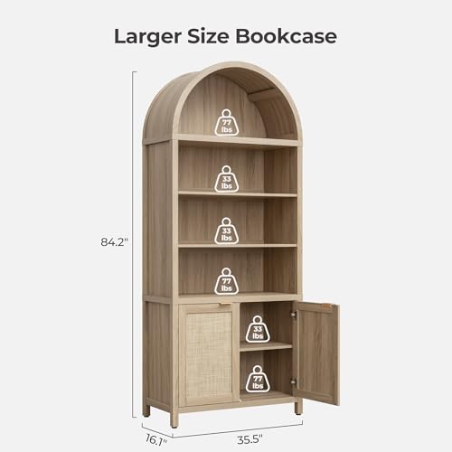 84.2" Tall Arched Bookcase with Doors - 5 Tier Rattan Bookshelf, view 4