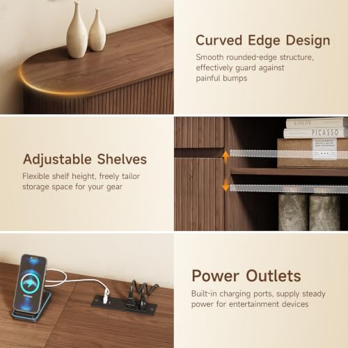 86.6" Projector TV Stand with Outlets for Screen up to 120", Walnut, view 6