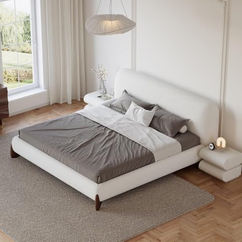 3-Pieces Bedroom Sets King Size Upholstered Bed Frame with 2 Smart Nightstands – Bouclé Platform Bed with Upholstered Headboard, Leather Nightstands with Wireless Charging, USB