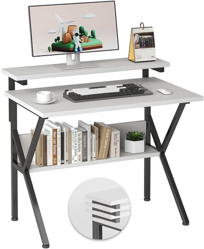 Small Desk, Small Computer Desk for Spaces, 27.5 Inch Computer Desk with Adjustable Monitor Stand, Compact Desk with Storage for Bedroom Home Office, White Tabletop+Black Frame