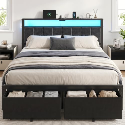 Queen Size Bed Frame with Upholstered Headboard and 2 Storage Drawers, view 2