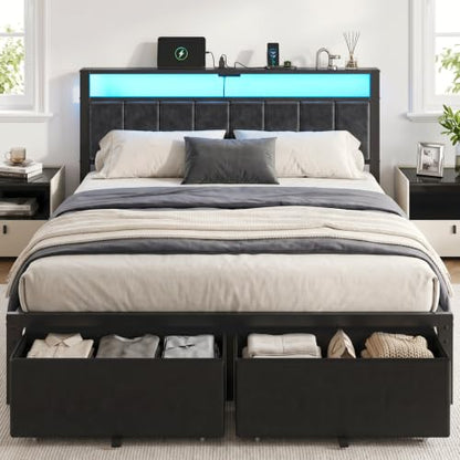 Queen Size Bed Frame with Upholstered Headboard and 2 Storage Drawers, view 2