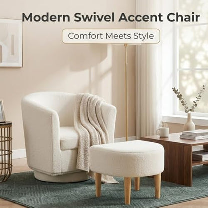 White Swivel Accent Chair with Ottoman, Modern Barrel Living Room Chair with 360° Swivel Base, Upholstered Armchair for Bedroom, Reading, Small Spaces