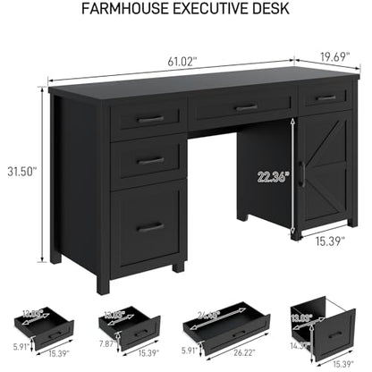 Farmhouse 61'' Rustic Office Desk with 5 Drawers.Pure Black, view 3
