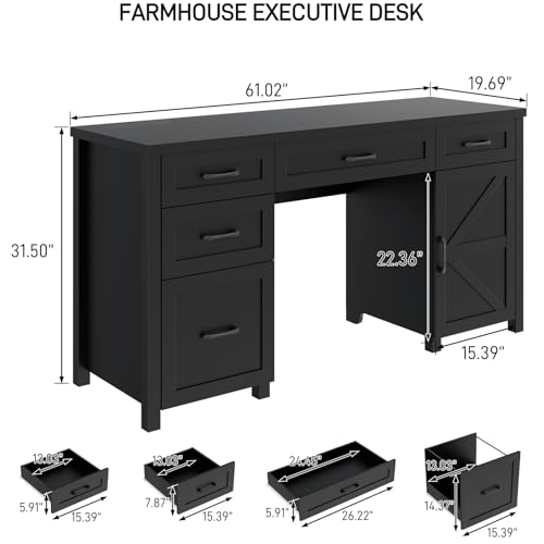 Farmhouse 61'' Executive Desk with 5 Drawers,Pure Black, view 3