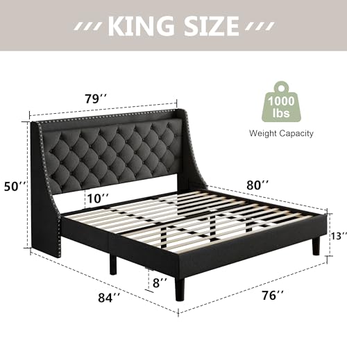 King Size Bed Frame with Luxury Wingback and Fast Charging Station, view 4