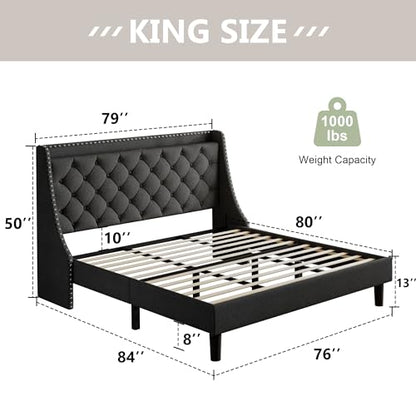 King Size Bed Frame with Luxury Wingback and Fast Charging Station, view 4