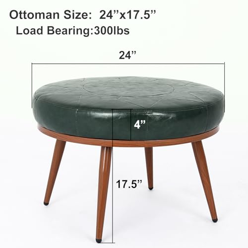 Green Round Ottoman Coffee Table, 24-Inch Faux Leather Cushioned Footstool with Solid Wood Bookshelf & Frame, Multifunctional Storage Ottoman for Living Room, Bedroom