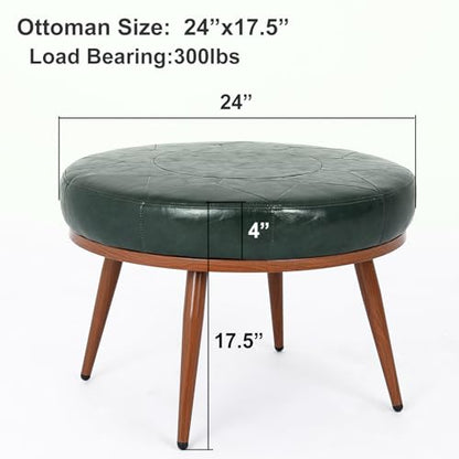 Green Round Ottoman Coffee Table, 24-Inch Faux Leather Cushioned Footstool with Solid Wood Bookshelf & Frame, Multifunctional Storage Ottoman for Living Room, Bedroom
