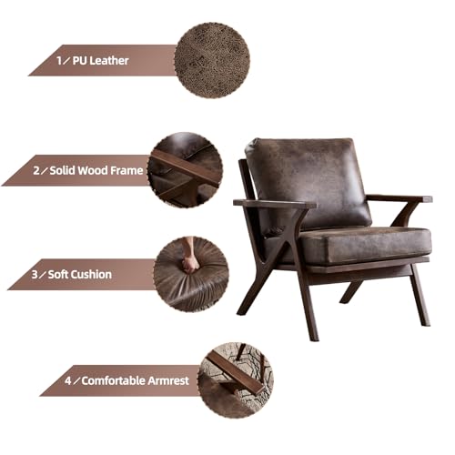 Mid-Century Modern Accent Chair with Wood Frame, PU Leather Living Room Chair and Soft Thick Padded Armchair for Living Room Bedroom Reception with Removable Upholstered Cushions, Dark Grey