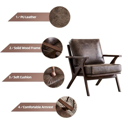 Mid-Century Modern Accent Chair with Wood Frame, PU Leather Living Room Chair and Soft Thick Padded Armchair for Living Room Bedroom Reception with Removable Upholstered Cushions, Dark Grey