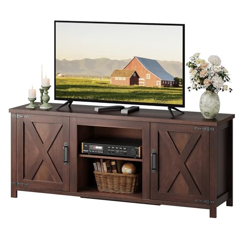 Modern Farmhouse TV Stand for TVs up to 65", Entertainment Center with X-Shaped Barn Doors, Large Storage Media TV Console with Adjustable Shelves & Cable Holes for Living Room, Brown