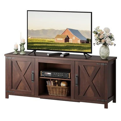 Modern Farmhouse TV Stand for TVs up to 65", Entertainment Center with X-Shaped Barn Doors, Large Storage Media TV Console with Adjustable Shelves & Cable Holes for Living Room, Brown
