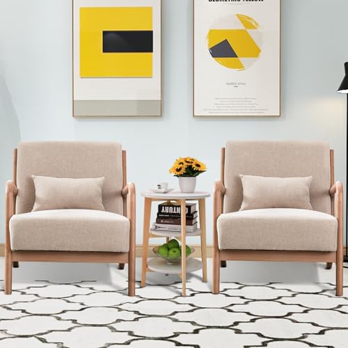 Mid Century Modern Accent Chair with Wood Frame, Upholstered Living Room Chairs with Waist Cushion, Reading Armchair for Bedroom Sunroom (Beige)