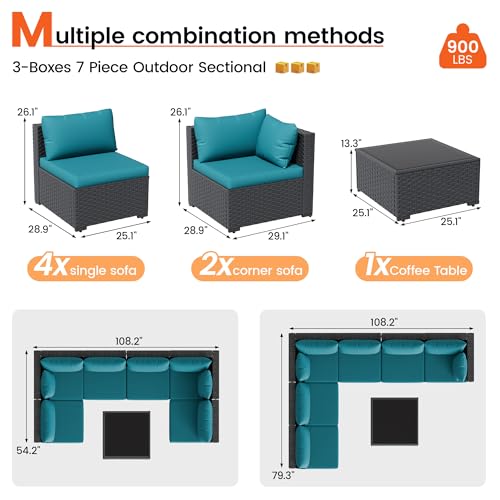 Patio Furniture Set, 7-Piece Outdoor Sectional All-Weather Wicker Patio Conversation Set for Backyard, Garden, Peacock Blue