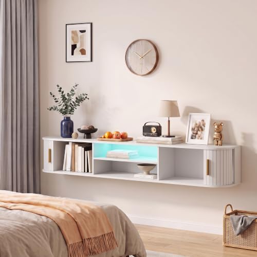Takwep 70" Floating TV Stand with Storage,Fluted Entertainment Center White, view 7