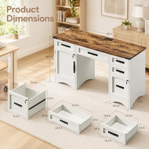 55 Inch Farmhouse Executive Desk with Drawers and Charging Station, view 4