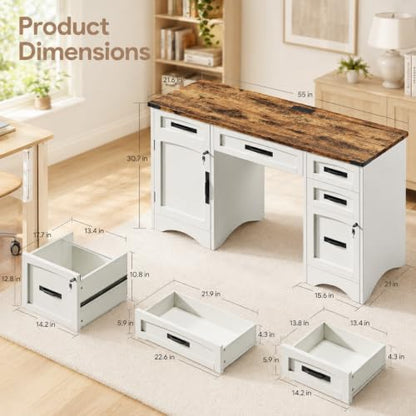55 Inch Farmhouse Executive Desk with Drawers and Charging Station, view 4
