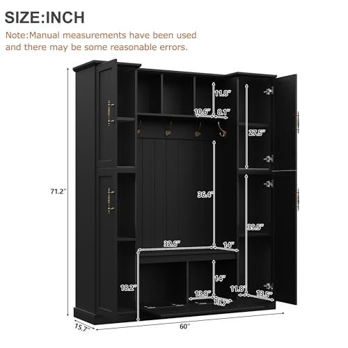 ON-TREND Farmhouse Elegant Hall Tree with 4 Side Cabinets, All-in-One Mudroom Furniture with Adjustable Shelves & Open Cubbies, Beadboard Entryway Bench with Coat Rack & 5 Hooks for Hallway, Black
