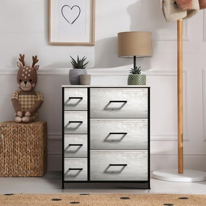 Dresser with 7 Faux Wood Drawers - Storage Unit Organizer Chest for Clothes - Bedroom, Hallway, Living Room, Closet, & Dorm Furniture - Steel Frame, Wood Top, & Easy Pull Fabric Bins