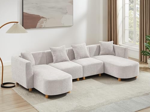 113" U-Shaped Sectional Sofa with 4-Seater, 4 Pillows, Light Khaki, view 2