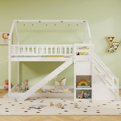 House Bunk Bed Twin Over Twin with Slide & Stairs, Wood Bunk Bed with Storage Shelves, No Box Spring Needed, Twin Floor Bed for Kids Teens Boys Girls (White)