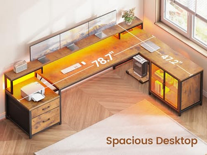 78.7” Large L Shaped Desk with Storage Drawers, Office Desk with File Drawer and Display Cabinet, L Shaped Gaming Desk with Storage, Power Outlet and LED Lights for Home Office, Rustic Brown