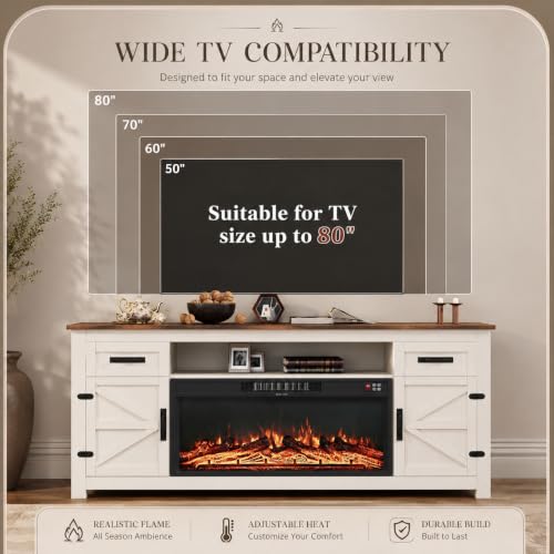 Fireplace TV Stand with Barn Door, 70 inch, White, view 7