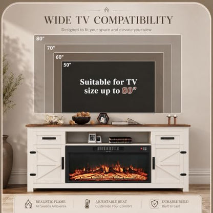 Fireplace TV Stand with Barn Door, 70 inch, White, view 7
