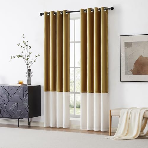 Color Block Velvet Curtains 90 inch Gold Ivory Cream Luxury Elegant Modern Living Room Curtain Light Blocking Thermal Insulated Soundproof Room Darkening Energy Saving Drapes for Bedroom Set of 2