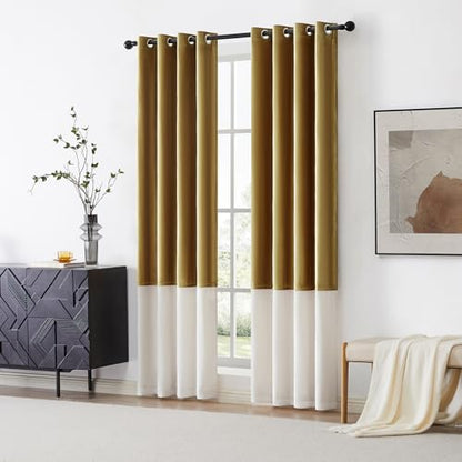 Color Block Velvet Curtains 90 inch Gold Ivory Cream Luxury Elegant Modern Living Room Curtain Light Blocking Thermal Insulated Soundproof Room Darkening Energy Saving Drapes for Bedroom Set of 2