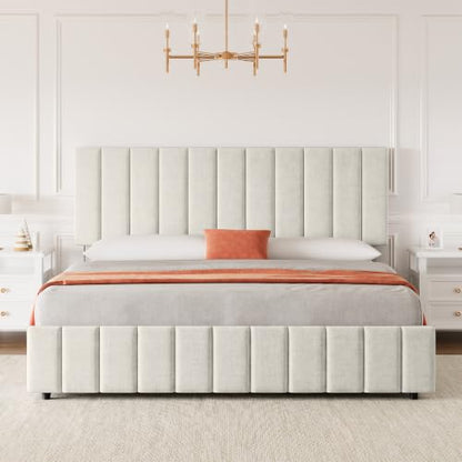 King Size Bed Frame, Linen Bedframe with 4 Storage Drawers, Beige, view 6