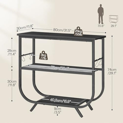 3 Tier Small Console Table, 31.5" Entryway Table with Storage Shelf, Narrow Sofa Table, Behind Couch Table, Hallway Table with S-Hooks, for Living Room, Black BB63XG01