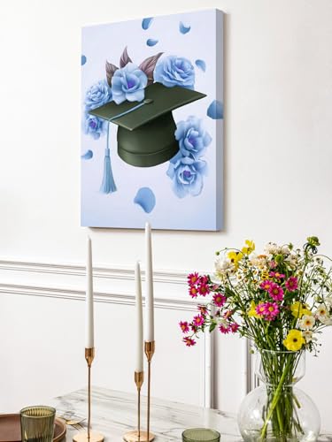 NuYeBiofx Graduation Cap Flowers Roses Canvas Wall Art Prints,40"x28" Framed Picture Artwork Blue Background Printed Canvas Oil Painting for Living Room Bedroom Office,Ready to Hang