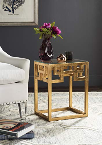 SAFAVIEH Home Collection – Byram Greek Key Antique Gold Glass Top End Table, Fully Assembled, Modern Glam Accent Table (FOX2574A)