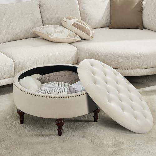 31.5" Large Round Storage Ottoman, Upholstered Tufted Linen Ottoman Coffee Table, Large Footrest with Solid Wooden Legs and Nailheads, Side Table for Living Room Bedroom Office, Beige