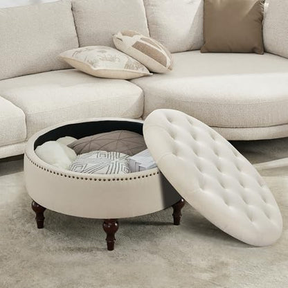 31.5" Large Round Storage Ottoman, Upholstered Tufted Linen Ottoman Coffee Table, Large Footrest with Solid Wooden Legs and Nailheads, Side Table for Living Room Bedroom Office, Beige