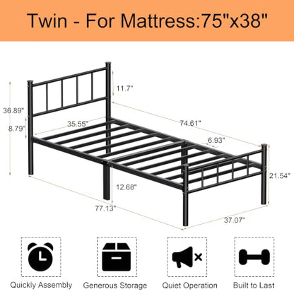 Twin Bed Frame with Headboard,Steel Slat Support,Easy Assembly, view 3