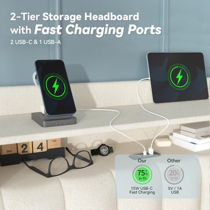 King Bed Frame and Headboard & 4 Storage Drawers, Built-in Charging Station, view 6