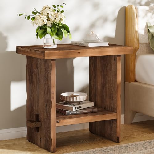 Solid Wood Nightstand with Storage, Farmhouse Bedside Table for Bedroom, Rectangle Night Stand with Wooden Base, Wooden Side End Table for Bedroom, Accent Furniture (2, Brown)