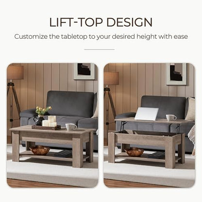 Yaheetech Lift Top Coffee Table with Hidden Compartment and Storage Shelf, Rising Tabletop Dining Table for Living Room Reception Room, 38.6in L, Grey