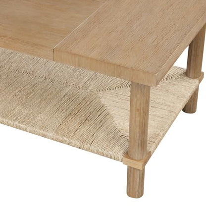 Nathan James Beacon Bohemian Coffee Table with Storage, 2-Tier Rectangle Coffee Table with Solid Wood Legs and Seagrass Shelf, Light Brown